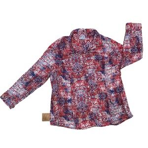 Catherines Women's 1X 18 20 W Button Down Long Sleeve Red Multicolor Blouse